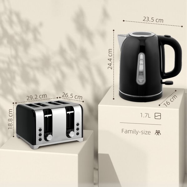 HOMCOM Kettle and Toaster Set, 1.7L 3000W Rapid Boil Jug Kettle with Strix Thermostat, Limescale Filter, 4 Slice Toaster with 7 Browning Controls, Crumb Tray, Black