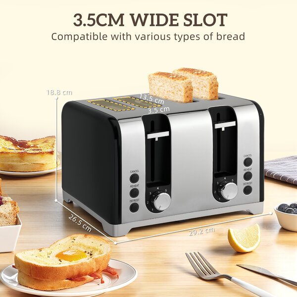 HOMCOM Kettle and Toaster Set, 1.7L 3000W Rapid Boil Jug Kettle with Strix Thermostat, Limescale Filter, 4 Slice Toaster with 7 Browning Controls, Crumb Tray, Black