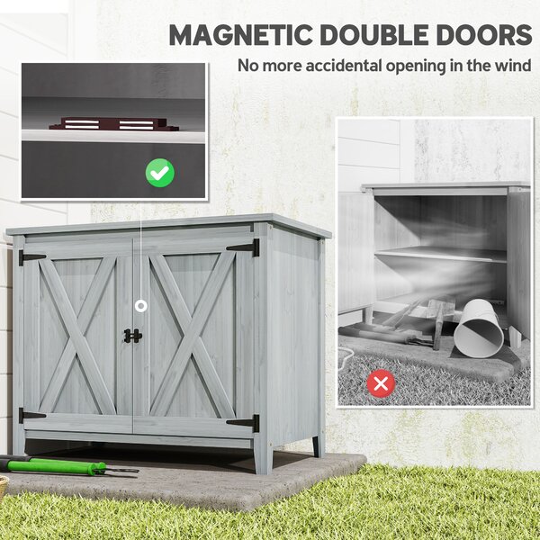 Outsunny Wooden Garden Shed, Outdoor Fir Wood Storage Shed with Shelf and Double Doors, Light Grey