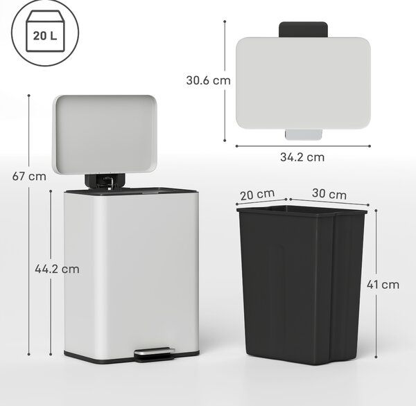 HOMCOM 20L Kitchen Bin with Soft-Close Lid and Stay-Open Function, Pedal Bin with Removable Inner Bucket for Kitchen, Office, Home, Cream