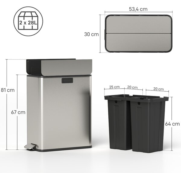 HOMCOM Dual Kitchen Bin with Soft-Close Butterfly Lid, 2 x 28L Stainless Steel Pedal Bin with Removable Inner Buckets, Fingerprint-Proof for Recycling and Waste, Silver Tone