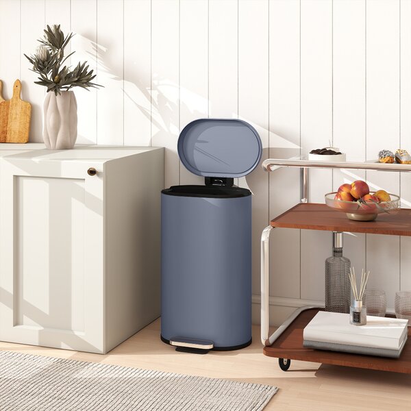 HOMCOM 30L Kitchen Bin with 90° Stay-Open Lid, Slim Rectangular Pedal Bin with Soft-Close Lid, Removable Inner Bucket for Home Office, Fingerprint-Resistant, Grey
