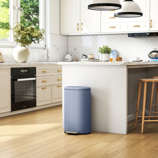 HOMCOM 30L Kitchen Bin with 90° Stay-Open Lid, Slim Rectangular Pedal Bin with Soft-Close Lid, Removable Inner Bucket for Home Office, Fingerprint-Resistant, Grey