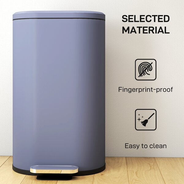 HOMCOM 30L Kitchen Bin with 90° Stay-Open Lid, Slim Rectangular Pedal Bin with Soft-Close Lid, Removable Inner Bucket for Home Office, Fingerprint-Resistant, Grey
