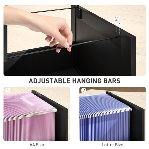 HOMCOM 3 Drawer Filing Cabinet with Lock, Office Storage Cabinet with Adjustable Hanging Bars for A4 Letter Size Files, Black