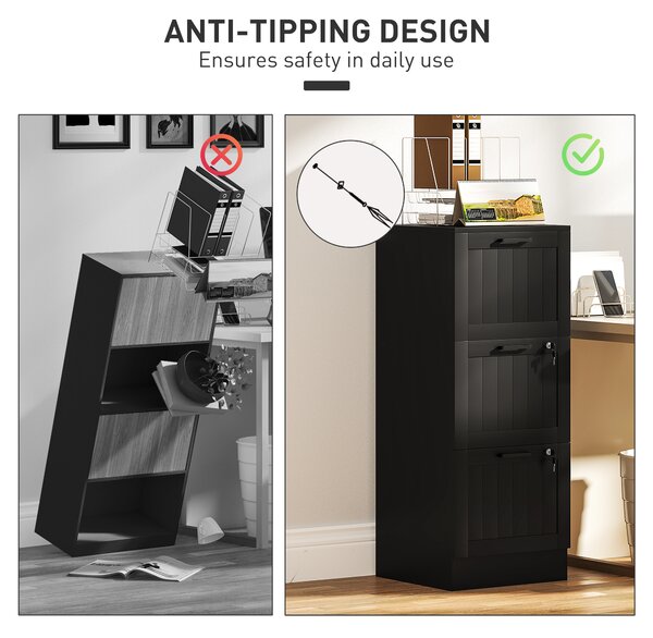 HOMCOM 3 Drawer Filing Cabinet with Lock, Office Storage Cabinet with Adjustable Hanging Bars for A4 Letter Size Files, Black