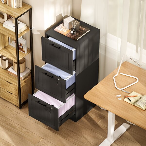 HOMCOM 3 Drawer Filing Cabinet with Lock, Office Storage Cabinet with Adjustable Hanging Bars for A4 Letter Size Files, Black