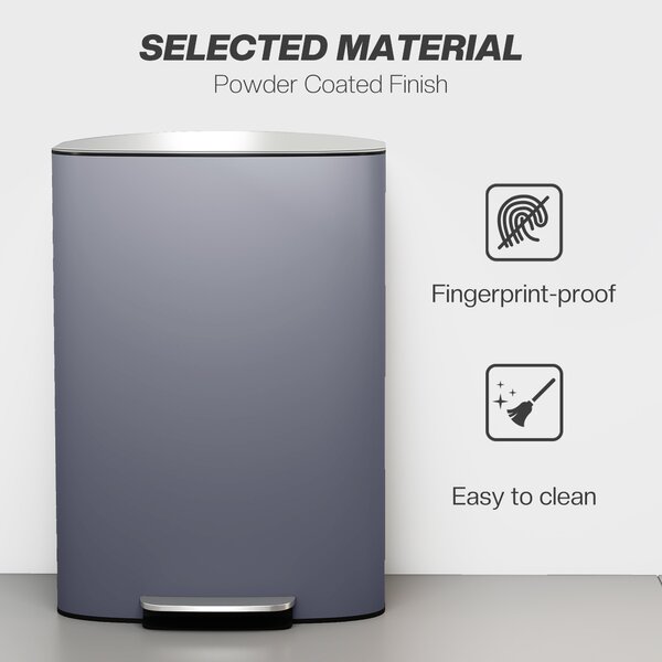 HOMCOM 50L Kitchen Bin with Soft-Close Lid and Stay-Open Function, Stainless Steel Pedal Bin with Removable Inner Bucket, Carry Handle for Kitchen, Office, Home, Grey
