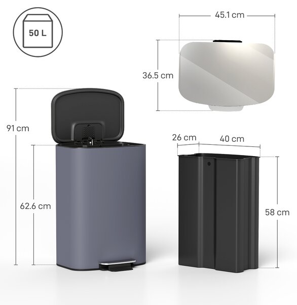 HOMCOM 50L Kitchen Bin with Soft-Close Lid and Stay-Open Function, Stainless Steel Pedal Bin with Removable Inner Bucket, Carry Handle for Kitchen, Office, Home, Grey