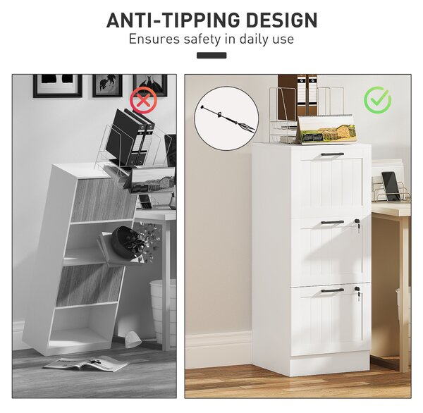 HOMCOM 3 Drawer Filing Cabinet with Lock, Office Storage Cabinet with Adjustable Hanging Bars for A4 Letter Size Files, White