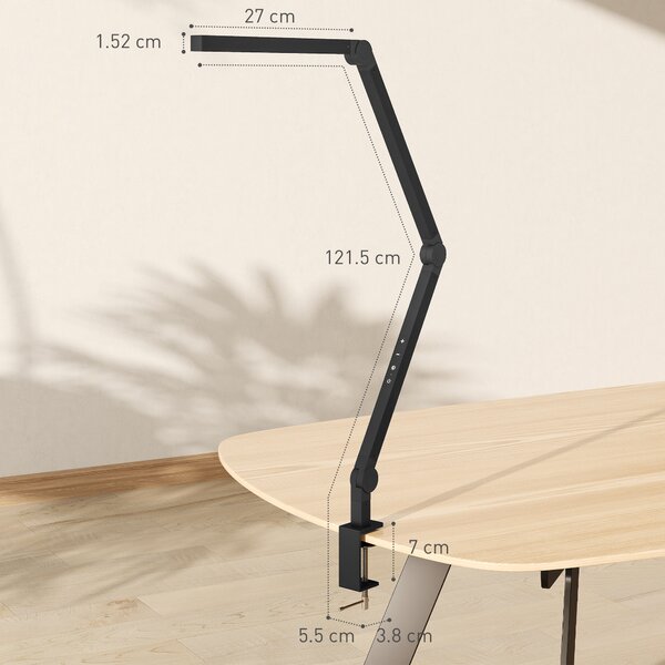 HOMCOM LED Desk Lamp, Dimmable Desk Light with Swing Arm and Clamp, Adjustable Eye-Caring Table Lamp with 2 Colour Modes & 5 Brightness Levels for Study, Drawing, Office, Architect, Task, Black