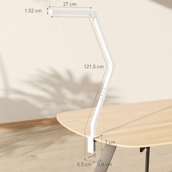 HOMCOM LED Desk Lamp, Dimmable Desk Light with Swing Arm and Clamp, Adjustable Eye-Caring Table Lamp with 2 Colour Modes & 5 Brightness Levels for Study, Drawing, Office, Architect, Task, White