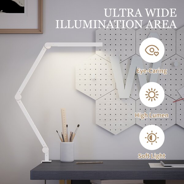 HOMCOM LED Desk Lamp, Dimmable Desk Light with Swing Arm and Clamp, Adjustable Eye-Caring Table Lamp with 2 Colour Modes & 5 Brightness Levels for Study, Drawing, Office, Architect, Task, White