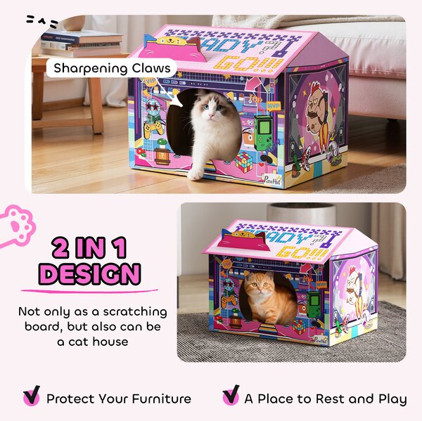 PawHut 2 in 1 Gaming Style Cardboard Cat House with Scratching Board & Catnip for Indoor Cats, Pink