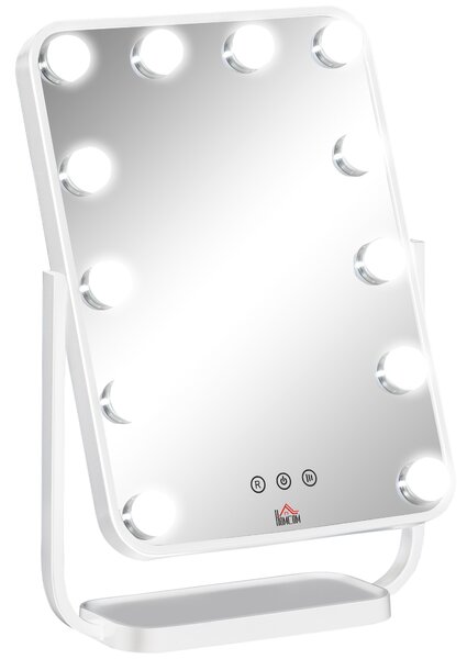 HOMCOM Hollywood Makeup Mirror with LED Lights, Tabletop Vanity Mirror with 12 Dimmable LED Bulbs, Memory Function and Metal Frame, White