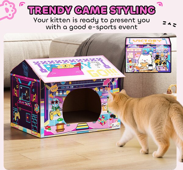 PawHut 2 in 1 Gaming Style Cardboard Cat House with Scratching Board & Catnip for Indoor Cats, Pink