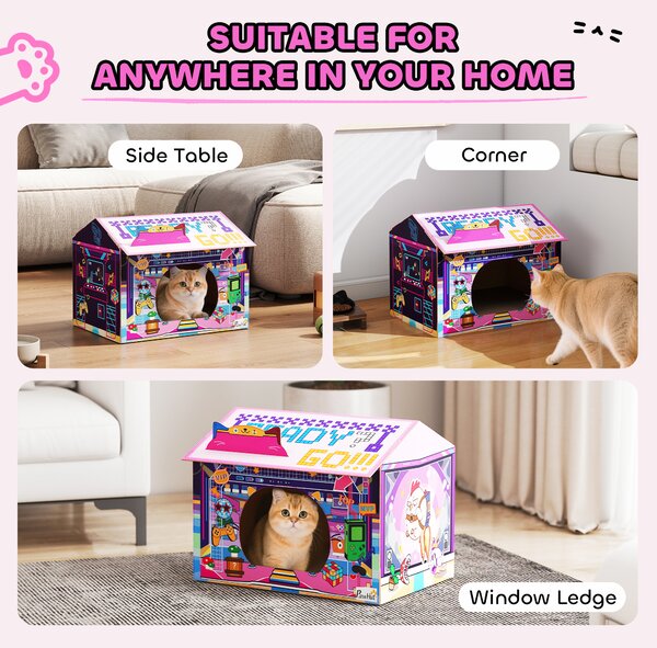 PawHut 2 in 1 Gaming Style Cardboard Cat House with Scratching Board & Catnip for Indoor Cats, Pink