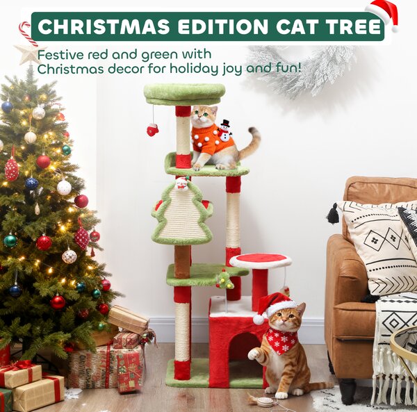 PawHut Cat Tree, 120cm Christmas Cat Tower with 3 Scratching Posts, Scratching Board, 2 Perches, Platforms, Toys, Green