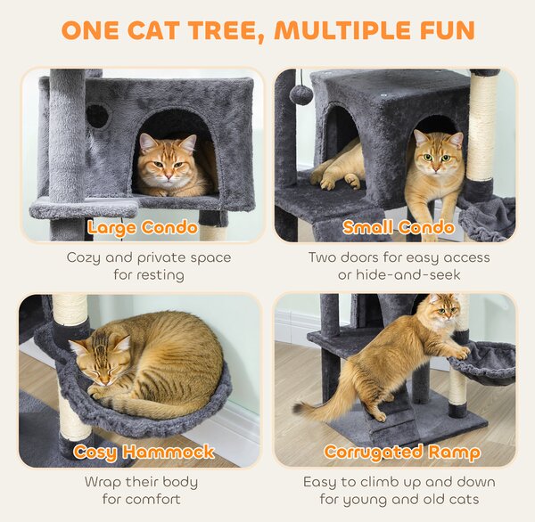 PawHut 140cm Large Cat Tree Tower with Sisal Scratching Posts, Cat Houses, Plush Perches, Hammock, Ladder, Dark Grey