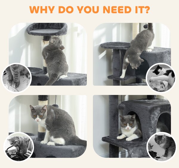 PawHut 140cm Large Cat Tree Tower with Sisal Scratching Posts, Cat Houses, Plush Perches, Hammock, Ladder, Dark Grey