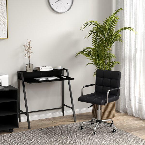 HOMCOM Office Chair and Desk Set, Faux Leather Swivel Chair with Wheels & Study Desk with Storage Shelf, Black Aosom UK
