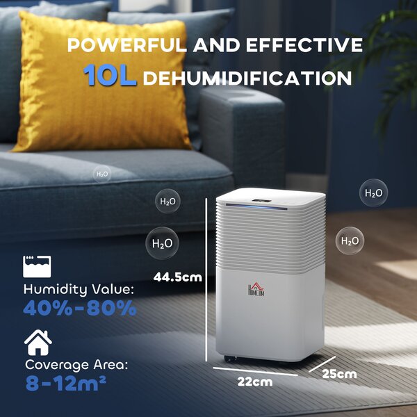 HOMCOM 10L/Day Quiet Compact Dehumidifier for Home Laundry Room Bedroom, Electric Moisture Air Dryer with 3 Modes Aosom UK