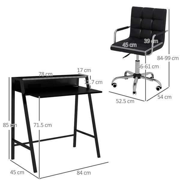 HOMCOM Office Chair and Desk Set, Faux Leather Swivel Chair with Wheels & Study Desk with Storage Shelf, Black Aosom UK