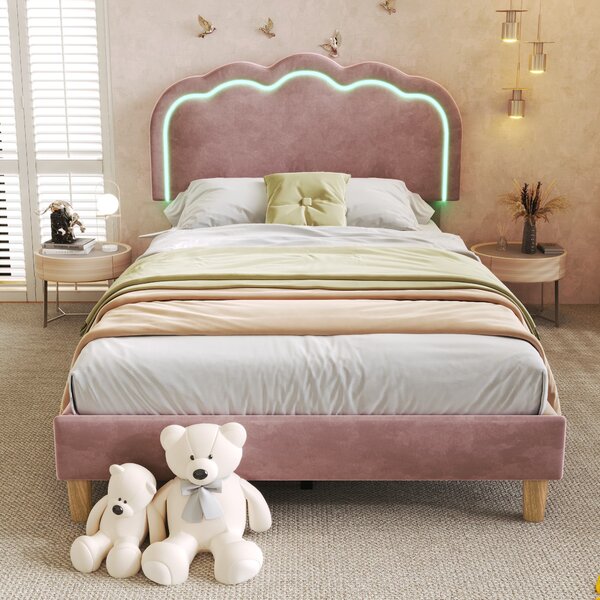 Upholstered Single Bed with LED Adjustable Headboard, Efficient Assembly, Velvet Bed Frame with Wooden Slats, 197L x 101W x 109H cm, Pink Aosom UK