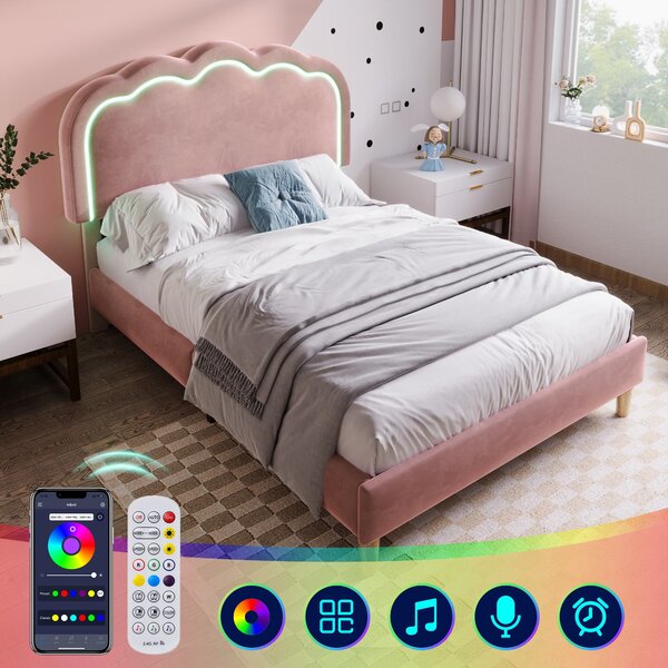 Upholstered Single Bed with LED Adjustable Headboard, Efficient Assembly, Velvet Bed Frame with Wooden Slats, 197L x 101W x 109H cm, Pink Aosom UK