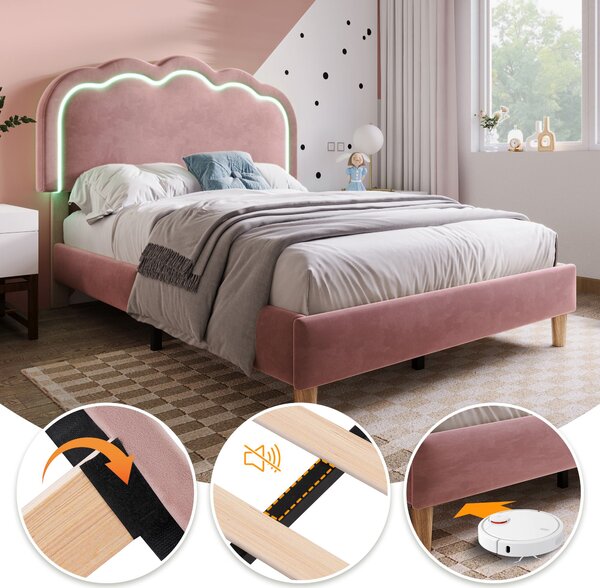 Upholstered Single Bed with LED Adjustable Headboard, Efficient Assembly, Velvet Bed Frame with Wooden Slats, 197L x 101W x 109H cm, Pink Aosom UK