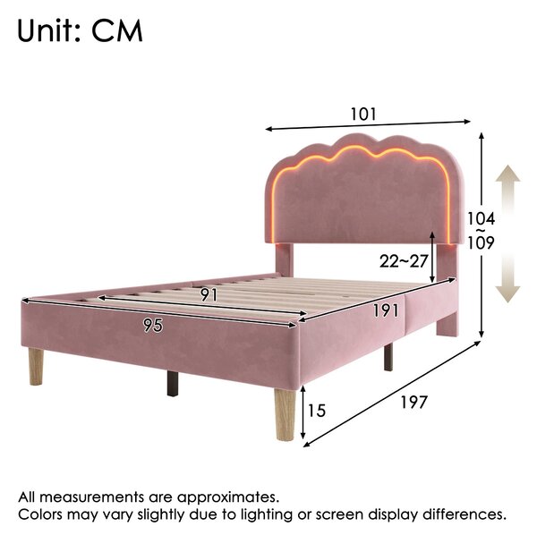 Upholstered Single Bed with LED Adjustable Headboard, Efficient Assembly, Velvet Bed Frame with Wooden Slats, 197L x 101W x 109H cm, Pink Aosom UK