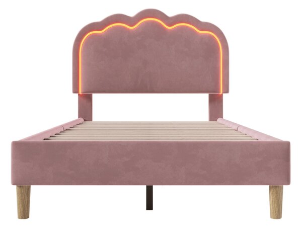 Upholstered Single Bed with LED Adjustable Headboard, Efficient Assembly, Velvet Bed Frame with Wooden Slats, 197L x 101W x 109H cm, Pink Aosom UK