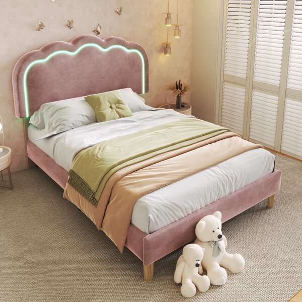 Upholstered Single Bed with LED Adjustable Headboard, Efficient Assembly, Velvet Bed Frame with Wooden Slats, 197L x 101W x 109H cm, Pink Aosom UK