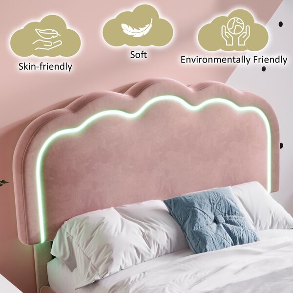 Upholstered Single Bed with LED Adjustable Headboard, Efficient Assembly, Velvet Bed Frame with Wooden Slats, 197L x 101W x 109H cm, Pink Aosom UK