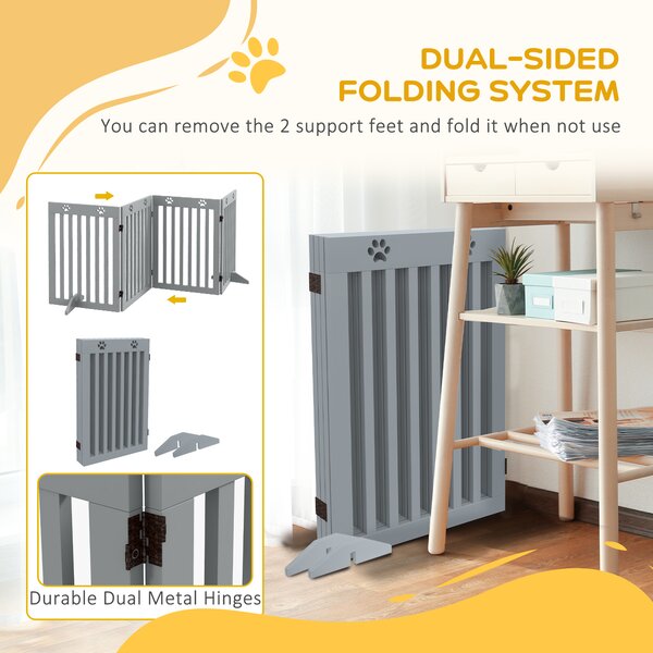 PawHut Wooden Pet Gate Foldable Freestanding Dog Safety Barrier w/ Support Feet, Grey Aosom UK