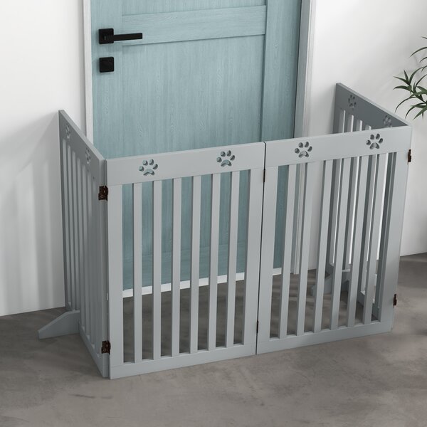 PawHut Wooden Pet Gate Foldable Freestanding Dog Safety Barrier w/ Support Feet, Grey Aosom UK