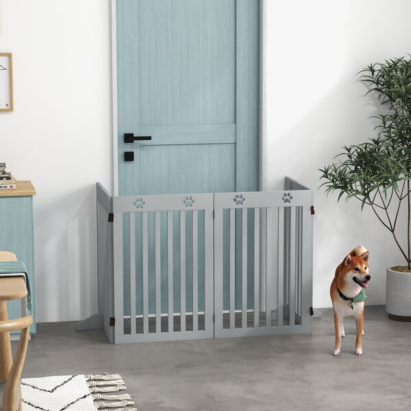 PawHut Wooden Pet Gate Foldable Freestanding Dog Safety Barrier w/ Support Feet, Grey Aosom UK