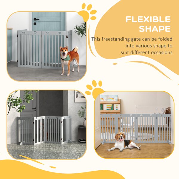 PawHut Wooden Pet Gate Foldable Freestanding Dog Safety Barrier w/ Support Feet, Grey Aosom UK