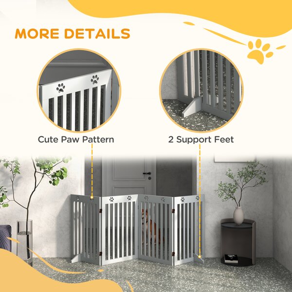 PawHut Wooden Pet Gate Foldable Freestanding Dog Safety Barrier w/ Support Feet, Grey Aosom UK