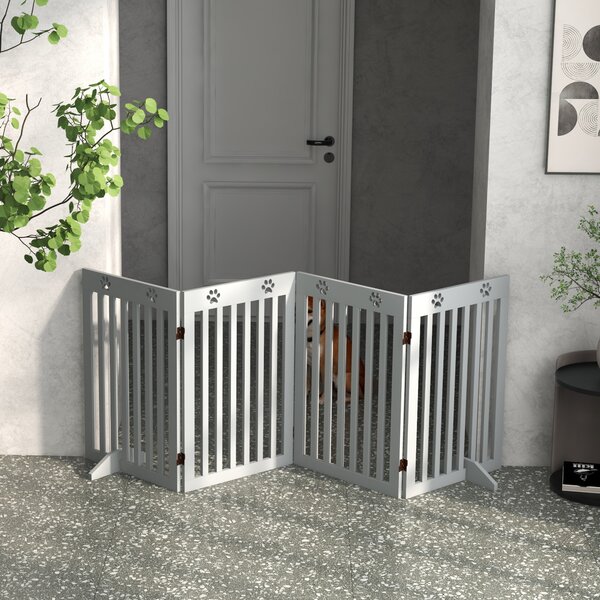 PawHut Wooden Pet Gate Foldable Freestanding Dog Safety Barrier w/ Support Feet, Grey Aosom UK
