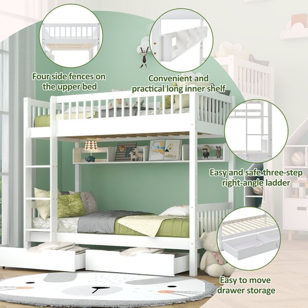 White Wooden Bed Frame for 2 Kids with 2 Under-Bed Drawer and Shelves, Space-Saving Beds with 3-Step Ladder, 198L x 99.5W x 152H cm, White Aosom.UK