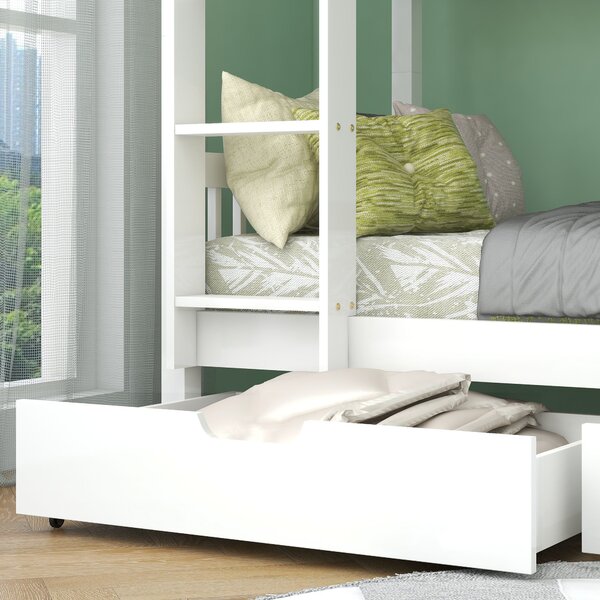 White Wooden Bed Frame for 2 Kids with 2 Under-Bed Drawer and Shelves, Space-Saving Beds with 3-Step Ladder, 198L x 99.5W x 152H cm, White Aosom.UK