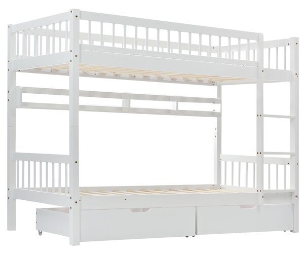 White Wooden Bed Frame for 2 Kids with 2 Under-Bed Drawer and Shelves, Space-Saving Beds with 3-Step Ladder, 198L x 99.5W x 152H cm, White Aosom.UK