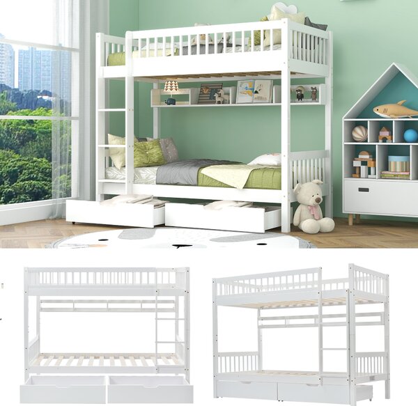 White Wooden Bed Frame for 2 Kids with 2 Under-Bed Drawer and Shelves, Space-Saving Beds with 3-Step Ladder, 198L x 99.5W x 152H cm, White Aosom.UK