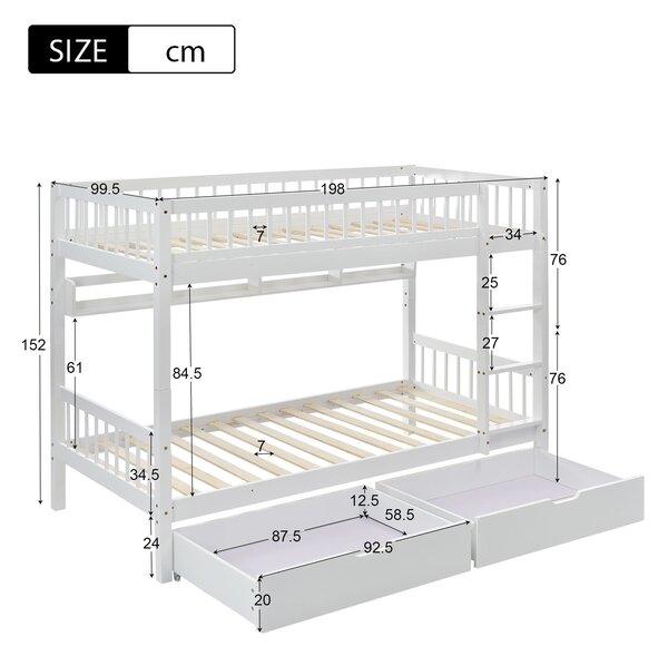 White Wooden Bed Frame for 2 Kids with 2 Under-Bed Drawer and Shelves, Space-Saving Beds with 3-Step Ladder, 198L x 99.5W x 152H cm, White Aosom.UK