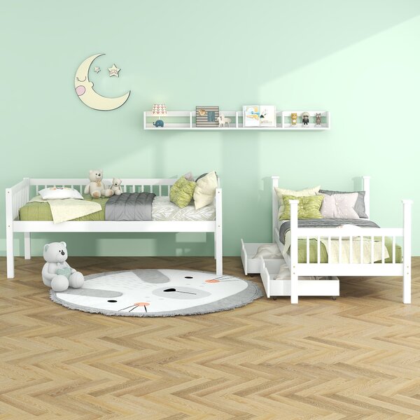White Wooden Bed Frame for 2 Kids with 2 Under-Bed Drawer and Shelves, Space-Saving Beds with 3-Step Ladder, 198L x 99.5W x 152H cm, White Aosom.UK