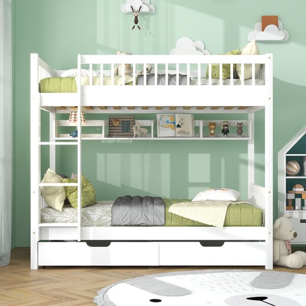 White Wooden Bed Frame for 2 Kids with 2 Under-Bed Drawer and Shelves, Space-Saving Beds with 3-Step Ladder, 198L x 99.5W x 152H cm, White Aosom.UK