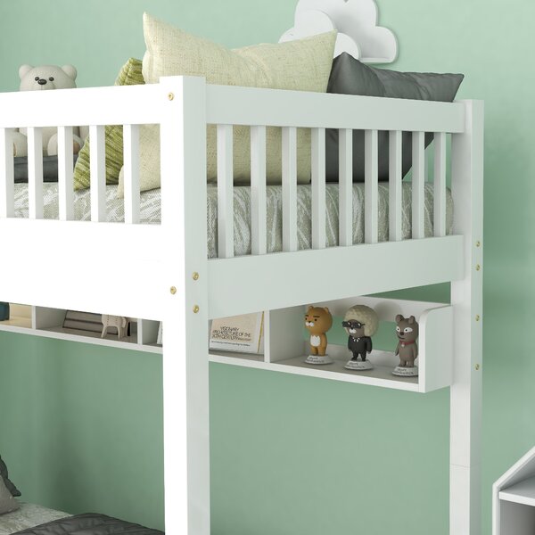 White Wooden Bed Frame for 2 Kids with 2 Under-Bed Drawer and Shelves, Space-Saving Beds with 3-Step Ladder, 198L x 99.5W x 152H cm, White Aosom.UK