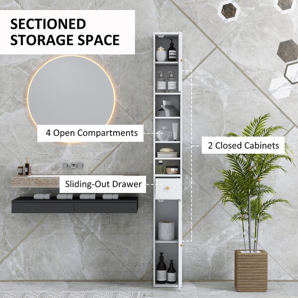 HOMCOM 178 cm Narrow Tall Bathroom Cabinet - White
