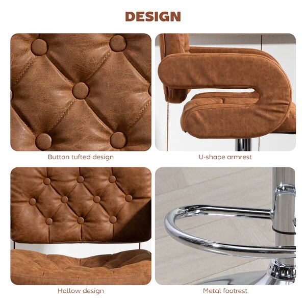 HOMCOM PU Leather Upholstered Swivel Bar Stool, Height Adjustable with Back, Armrest, Footrest, Brown